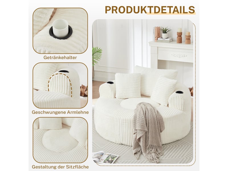  Fauteuil pouf rond avec 3 coussins, 2 porte-gobelets et poches latérales, en velours côtelé beige  - Conforama E