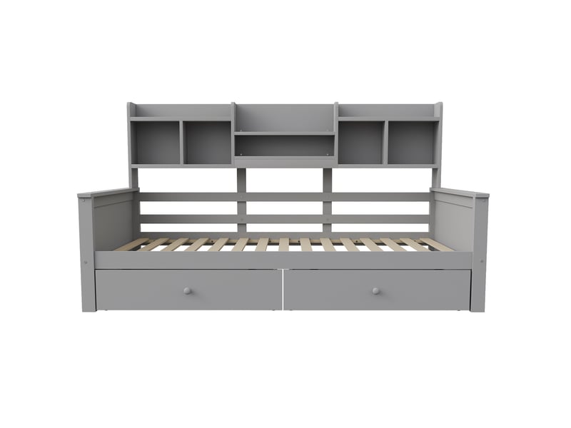  Lit banquette 90x200 cm en bois gris, tiroirs, étagères et sommier à lattes  - Conforama A