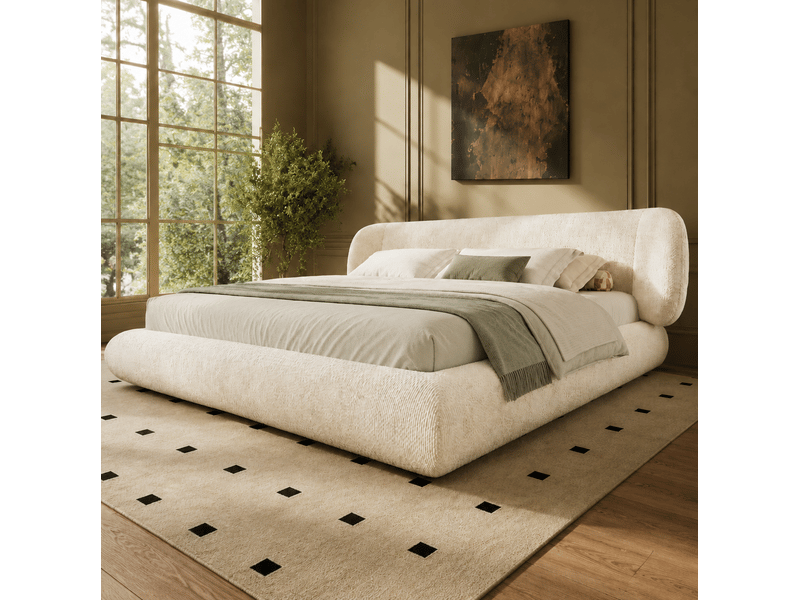  Lit rembourré 160 × 200 cm 2 places avec tête de lit, coins arrondis, sans matelas, en chenille beige  - Conforama C
