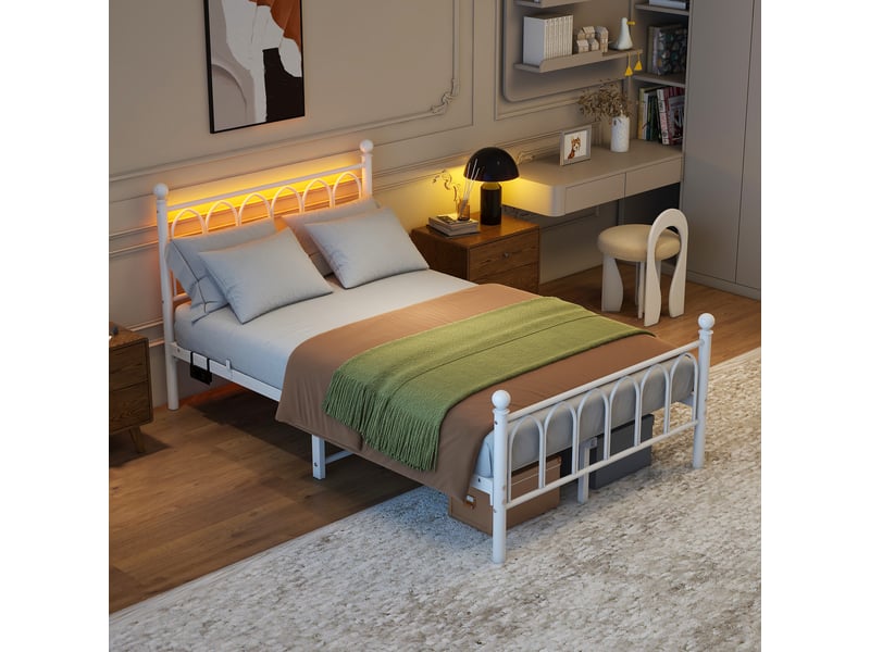  Lit simple 120×200 cm avec tête haute, led, espace de rangement, usb et prise - okmyhome- métal blanc, sans matelas  - Conforama B