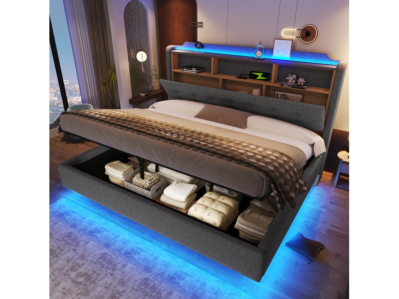  Lit coffre 2 places 180x200 cm led avec usb et type-c coloris gris  - Conforama E
