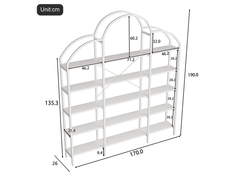  Bibliothèque 170x26x190 cm, 5 niveaux, meuble de bureau, design nuage, structure stable et robuste, mdf, métal, blanc  - Conforama C