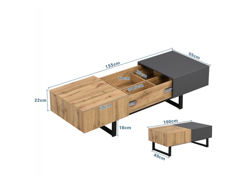  Table basse coulissante moderne et multifonctionnelle avec rangement dissimulé, structure en bois et métal de haute qualité, idéale pour le salon et le bureau, facile à installer, 155 x 55 x 40 cm  - Conforama C