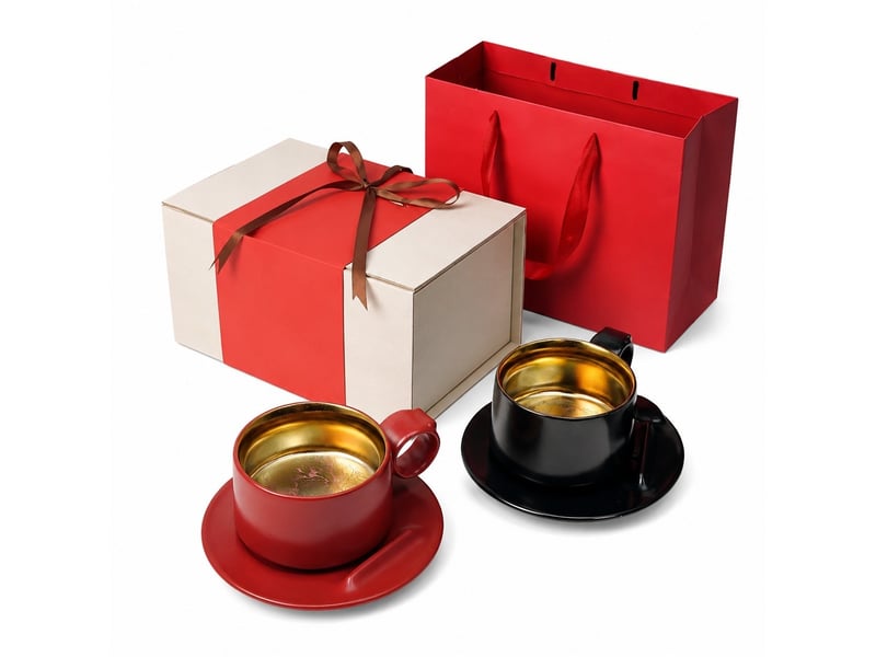 Coffret rouge de 2 tasses en céramique, rose vermillon et lune noire - Conforama A