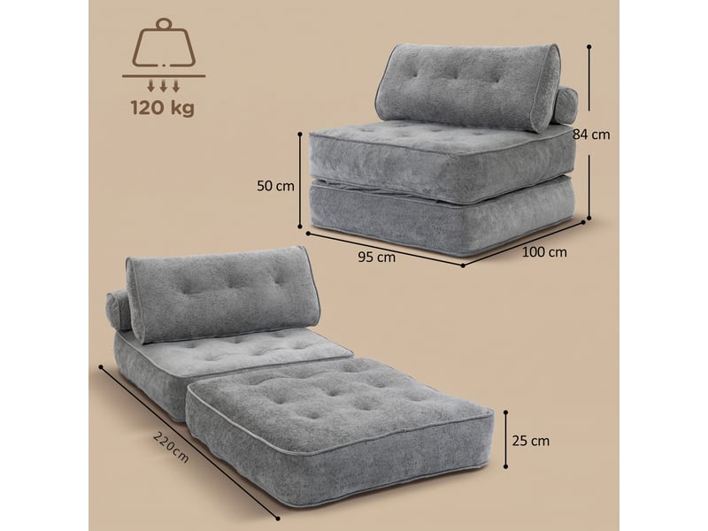  Fauteuil convertible 1 place 95 x 220 cm avec 2 oreillers, fauteuil-lit chauffeuse 3 en 1, siège épais, gris clair  - Conforama C