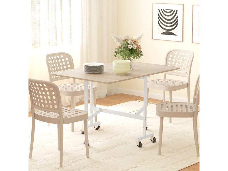  Table à manger pliante sur roulettes pour 4-6 personnes 120 cm, roues avec freins, 2 abattants, style industriel, chêne  - Conforama A