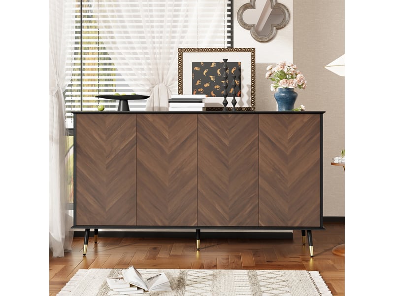  Buffet bicolore noirmarron 140 × 40 × 80 cm, en mdf, avec 4 portes, étagères réglables, charnières amorties  - Conforama D