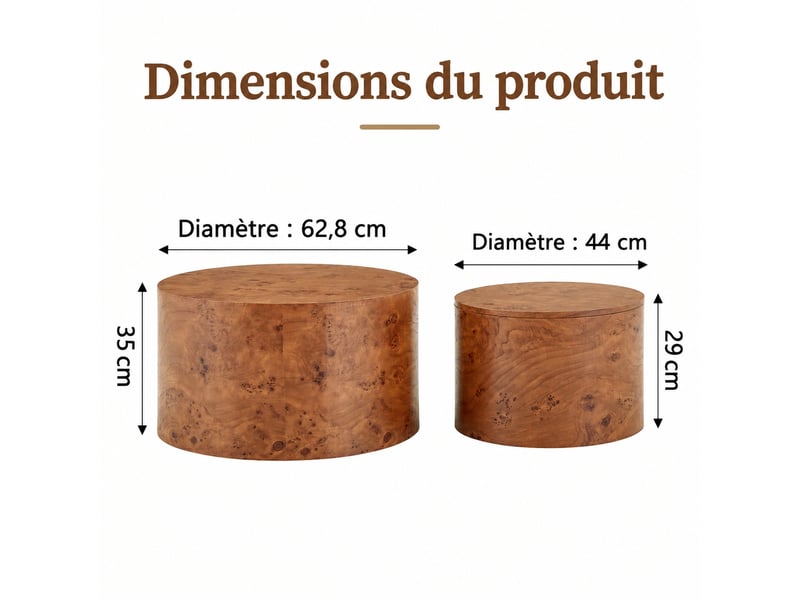  Lot de 2 tables basses rondes avec rangement, mdf effet bois, couvercle amovible, style scandinave, marron, ø 62,8 cm  - Conforama C