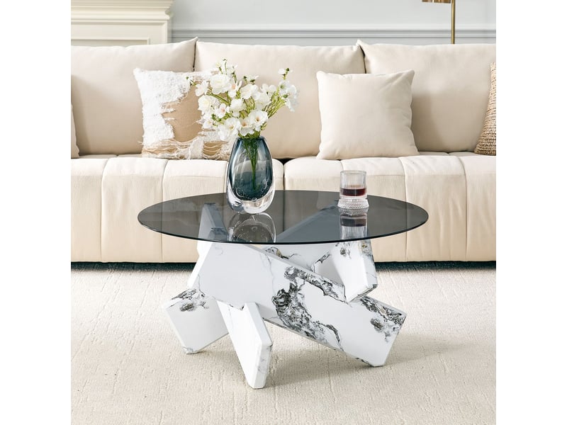  Table basse ronde table de salon en verre plateau en verre piètement designer stable aspect bois effet marbre style moderne  - Conforama B