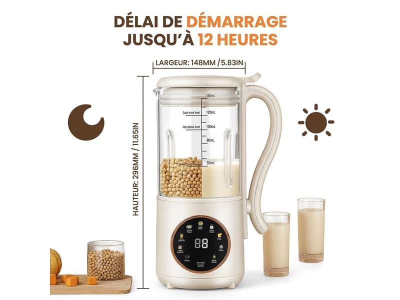  Blender chauffant 1.4l machine à lait végétal et soja sans filtration – robot cuiseur multifonction 800w bol en verre borosilicate, 16 lames inox et départ différé 12h – blanc crème  - Conforama C