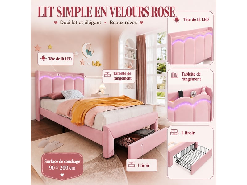 Lit simple 90x200 cm avec éclairage led, lit rembourré, lit enfant, tête de lit avec espace de rangement, rose - Conforama D