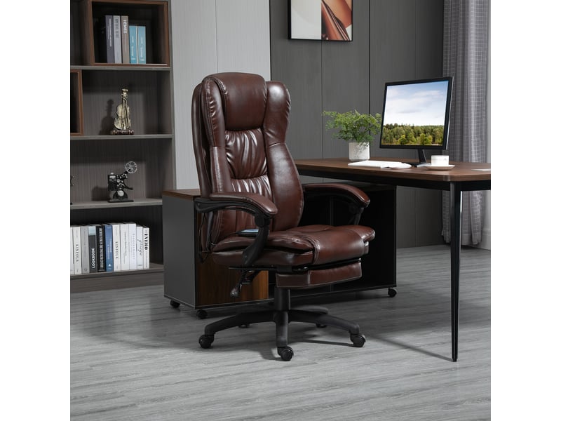  Fauteuil pivotant réglable avec repose-pieds, appui-tête et fonction massage, revêtement en similicuir, 68,5 x 68,5 x 113-121 cm, marron  - Conforama D