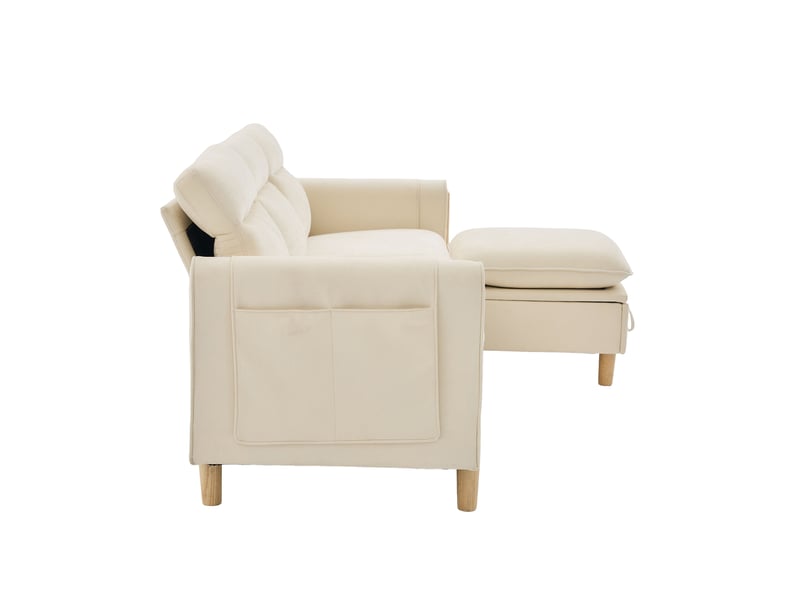  Canapé d'angle, canapé 3 places, en chenille, beige, poches latérales, adapté à l'espace de vie, avec pouf  - Conforama B