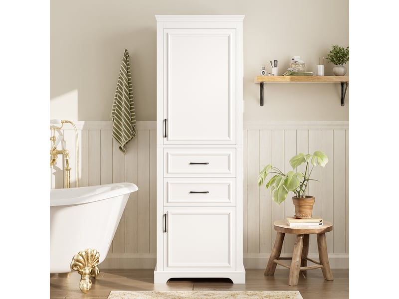  Armoire de salle de bain avec 2 tiroirs, 2 placards et étagères réglables, en mdf blanc, 60 × 40 × 180 cm  - Conforama E