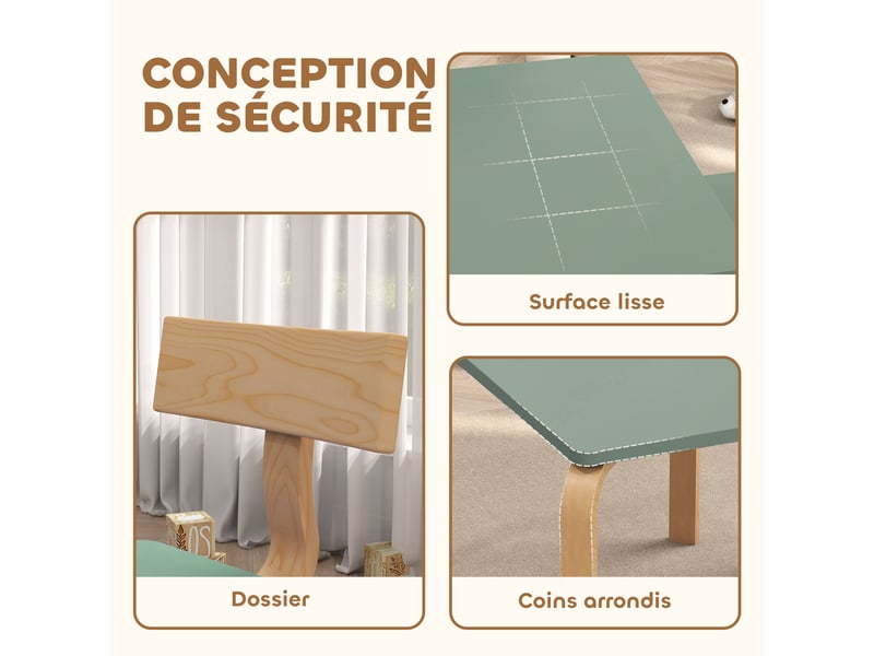  Table enfant avec chaises, lot table et 2 chaises enfant en bois pour dessiner, jouer, étudier, vert, 78x53x53cm  - Conforama E