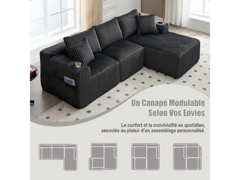  Canapé modulable avec méridienne 3 places velours côtelé 257x160 cm gris avec coussins et porte-gobelets  - Conforama R