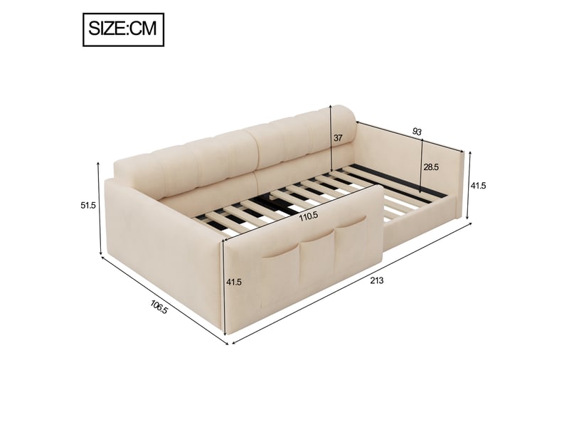  Lit banquette enfant 90x200 cm avec tête de lit rembourrée épaisse poches latérales lit rembourré avec rangement velours beige BUYDEEMEUS - Conforama C