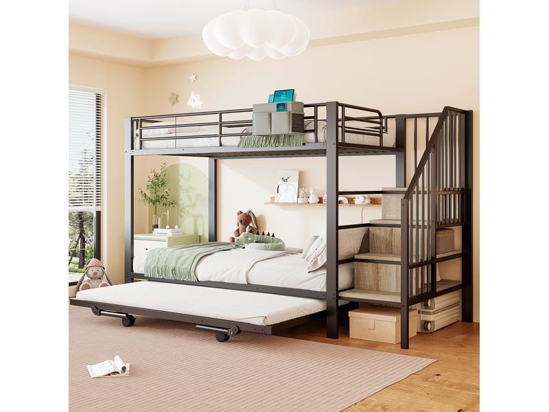  Lit superposé 90x200 cm avec lit gigogne et rangements en métal noir  - Conforama D