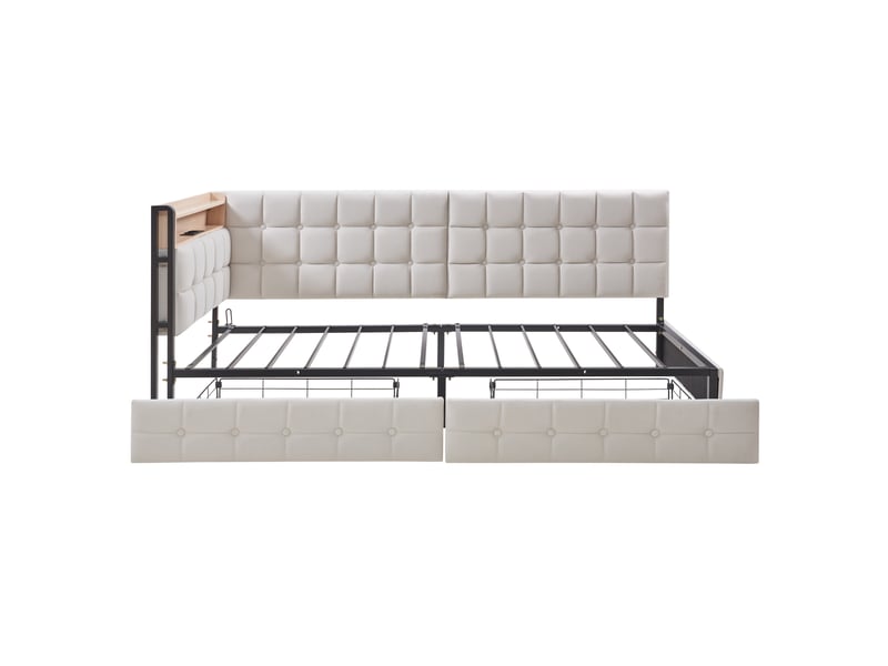 Lit banquette enfant 90x200 cm beige, 2 tiroirs, lampe led, usb et usb-c intégrés  - Conforama A