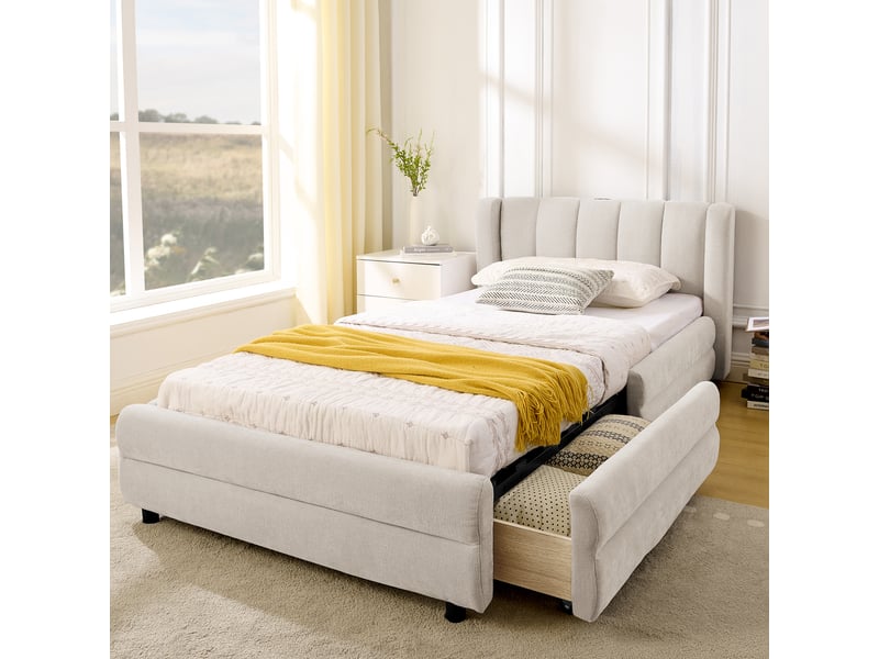  Lit enfant 90x200 cm avec tiroirs de rangement et port usb-tête de lit rembourrée en chenille-sommier à lattes-beige  - Conforama B