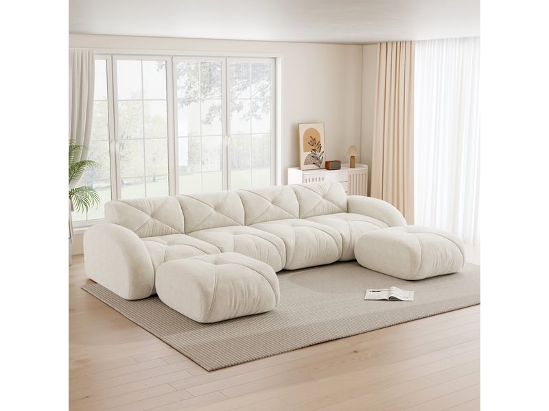 Canapé panoramique en u modulaire avec assise en mousse dense et structure sans cadre, en chenille beige clair - Conforama D