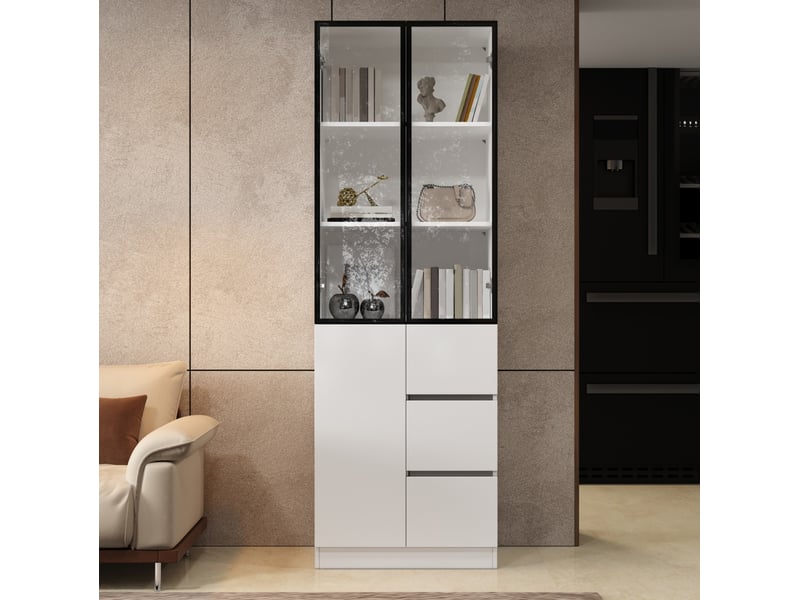 Buffet 60x40x180 cm avec portes, structure en aluminium, éclairage led contrôlable, en panneau de particules, blanc - Conforama E