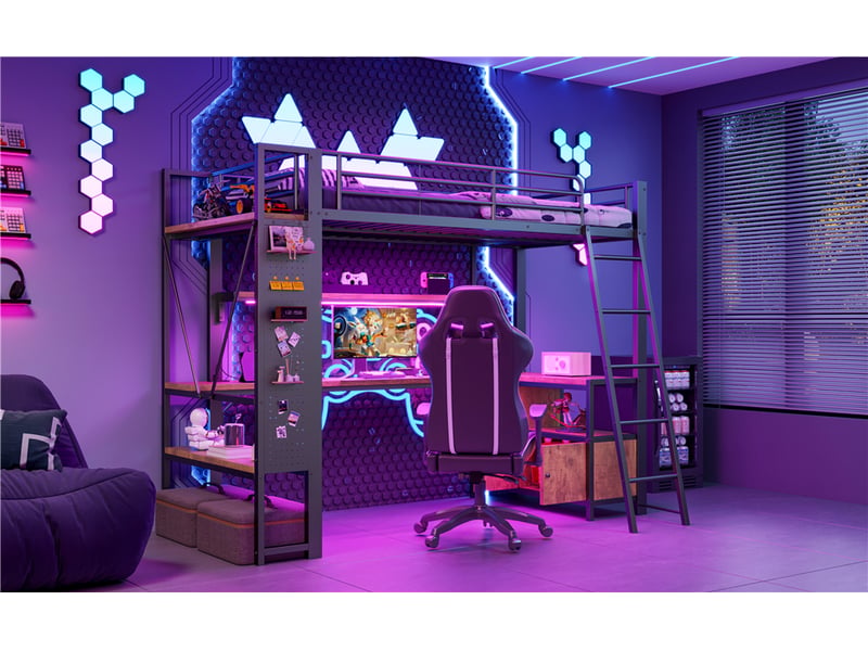  Lit mezzanine 90 × 200 cm, bureau en angle, placard à deux portes, panneau perforé, usb et usb-c, métal et mdf, noir  - Conforama B