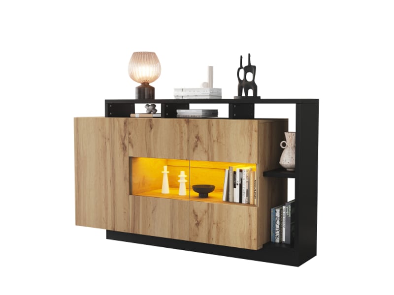  Buffet led en mdf aspect bois 140 x 44 x 93,5 cm avec cadre noir, bluetooth et 3 étagères réglables  - Conforama A