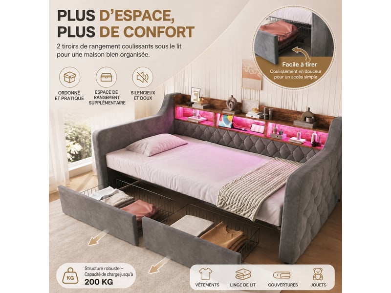  Lit une personne avec 2 tiroirs, velours, led et ports usbusb-c, gris foncé, 90x190 cm  - Conforama E