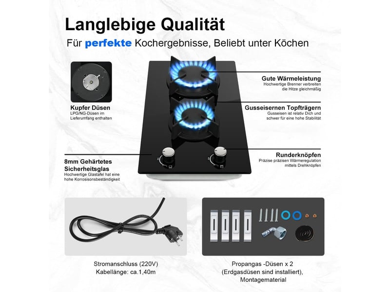 Plaque de cuisson gaz 2 feux, table de cuisson gaz 30 cm noire en verre trempé, 4200 w, encastrable, allumage électronique - Conforama E