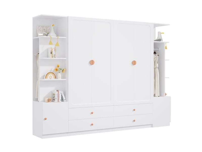  Armoire 6 portes 270 x 45 x 200 cm, portes battantes, 4 tringles à vêtements, 4 tiroirs, grand espace de rangement, blanc Bliss Lite - Conforama A