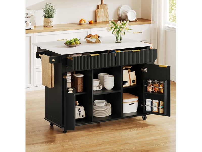  Desserte de cuisine à roulettes, 2 tiroirs, 2 portes, étagères à épices, porte-serviettes, 143 × 45 × 89,5 cm  - Conforama D