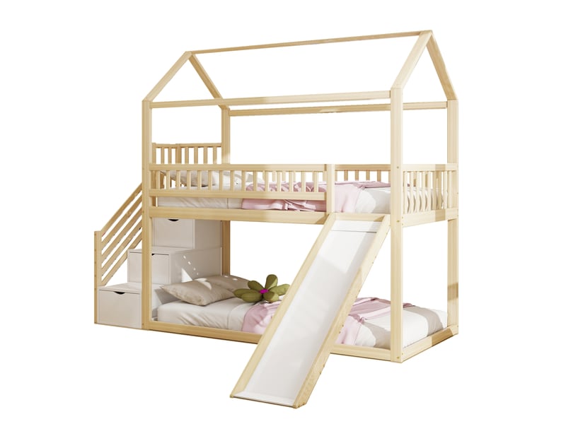 Lit mezzanine enfant 90x200 cm en bois massif, lit avec toboggan et escalier de rangement, barrière de sécurité, couleur bois naturel. - Conforama E