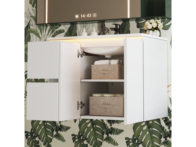  Meuble sous vasque mural avec 2 tiroirs, 2 portes, éclairage led à capteur radar pour salle de bain, 76×47×57 cm  - Conforama C