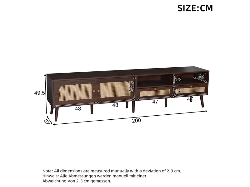 Meuble tv 200 x 37 x 49,5 cm avec 2 portes en rotin, 2 tiroirs, marron foncé  - Conforama C