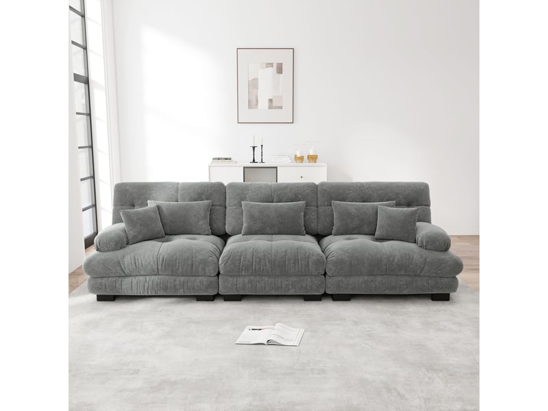  Canapé modulable 313x77x81cm 3 places, assise confortable, accoudoirs courbés, structure en bois, tissu chenille, gris  - Conforama B