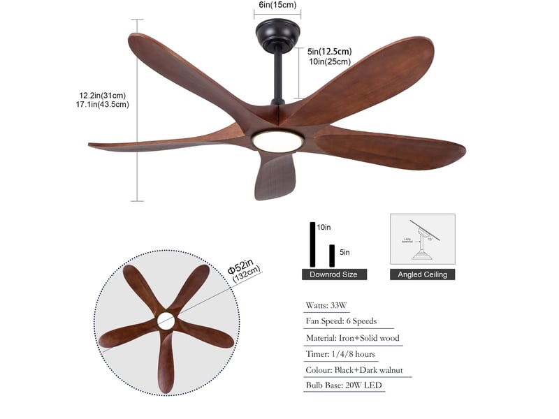  Ventilateur de plafond 52 pouces avec lumière led, 5 pales en bois, télécommande, 6 vitesses, noir bois foncé  - Conforama C