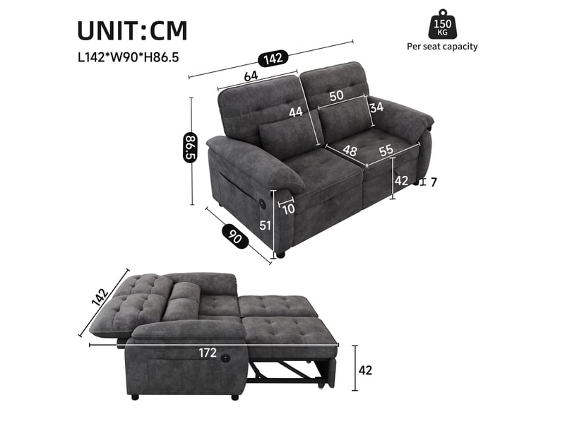  Canapé-lit 3-en-1 142x90 cm – gris – dossier réglable, couchage double et ports usbtype-c intégrés  - Conforama C