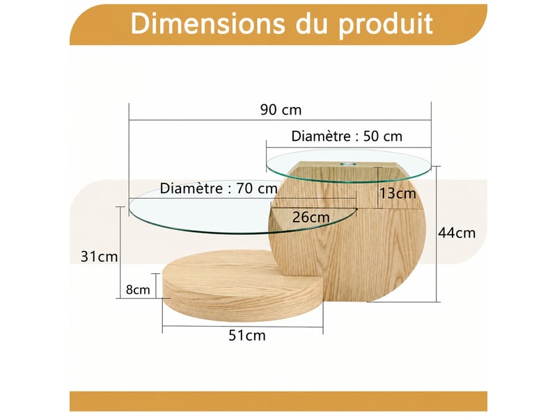  Table basse moderne à deux niveaux, verre et mdf aspect bois clair, 90 x 70 x 44 cm  - Conforama C