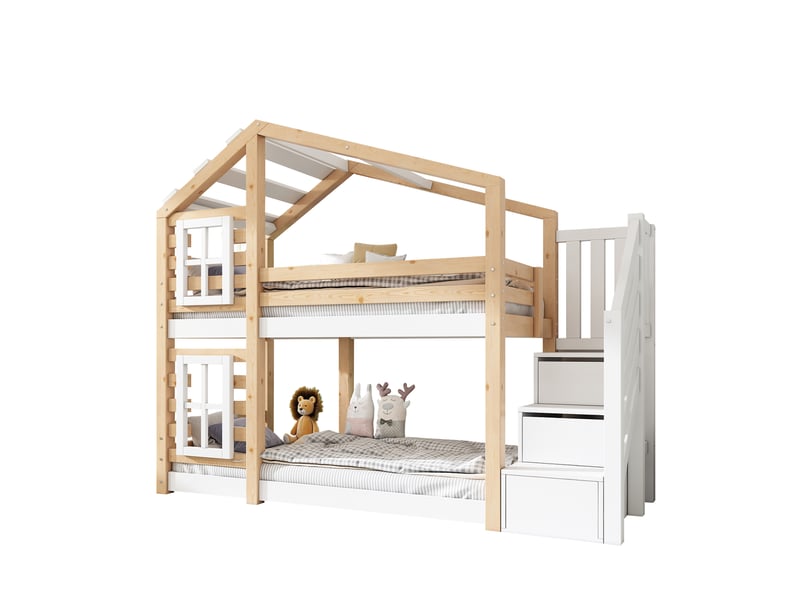  Lit superposé enfant 90 × 200 cm 2 places avec rangements, barrières de sécurité, sans matelas, naturel et blanc  - Conforama E