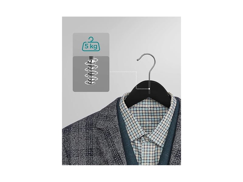  Cintre bois, lot de 20, avec encoches antiglisse, barre antiglisse pour pantalons, crochet pivotant 360°, pour costumes, chemises, manteaux, noir et argent  - Conforama C