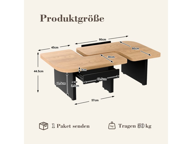  Table basse avec 2 tiroirs, led et design 2-en-1, pour salon, 90 × 60 × 44,5 cm, en mdf, naturel  - Conforama D