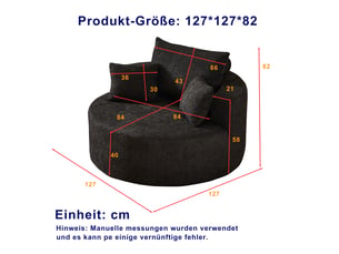 Fauteuil une place en chenille noire, fauteuil lounge moelleux avec coussins, 127 x 127 x 82 cm, sans montage pour salon ou chambre