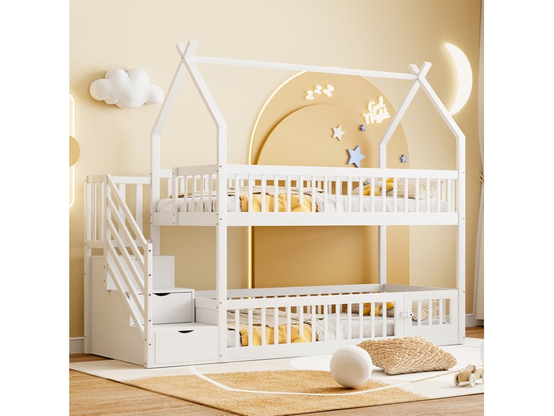  Lit superposé enfant tcqpz 90 x 200 cm avec toit, escalier de sécurité, tiroirs de rangement, barrière et petite porte, bois blanc  - Conforama E