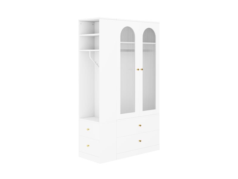 Armoire 120x50x200 cm blanche, 2 portes vitrées, 2 penderies et 4 tiroirs - Conforama E