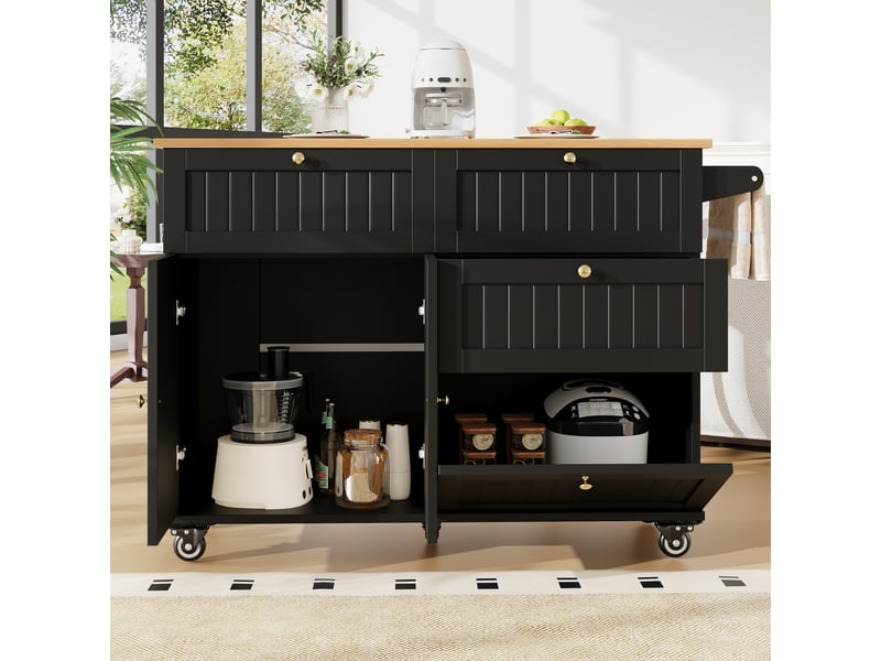  Îlot de cuisine noir extensible, meuble de rangement cuisine en mdf avec portes 3d et roulettes, 133x37.3x88cm  - Conforama D