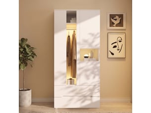 Armoire 90 x 50 x 200 cm, éclairage led, 3 portes battantes, 1 tringle à vêtements, 2 tiroirs, 6 compartiments, blanc