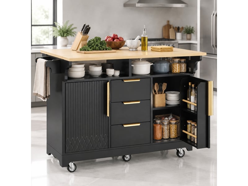  Desserte de cuisine à roulettes avec 3 tiroirs, étagères et plateaux rabattables, mdf noir, 120 × 40(80) × 95 cm  - Conforama B