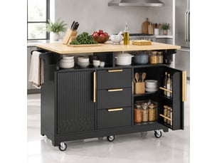 Desserte de cuisine à roulettes avec 3 tiroirs, étagères et plateaux rabattables, mdf noir, 120 × 40(80) × 95 cm