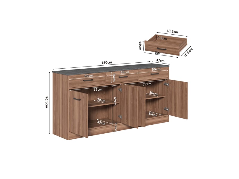  Buffet de cuisine 160 x 37 x 76,5 cm couleur noyer en mdf, 3 tiroirs et 2 rangements avec étagères  - Conforama C